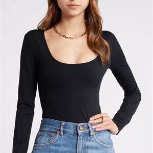 Open Edit XS Black Scoop Neck Long Sleeve Tee NWT